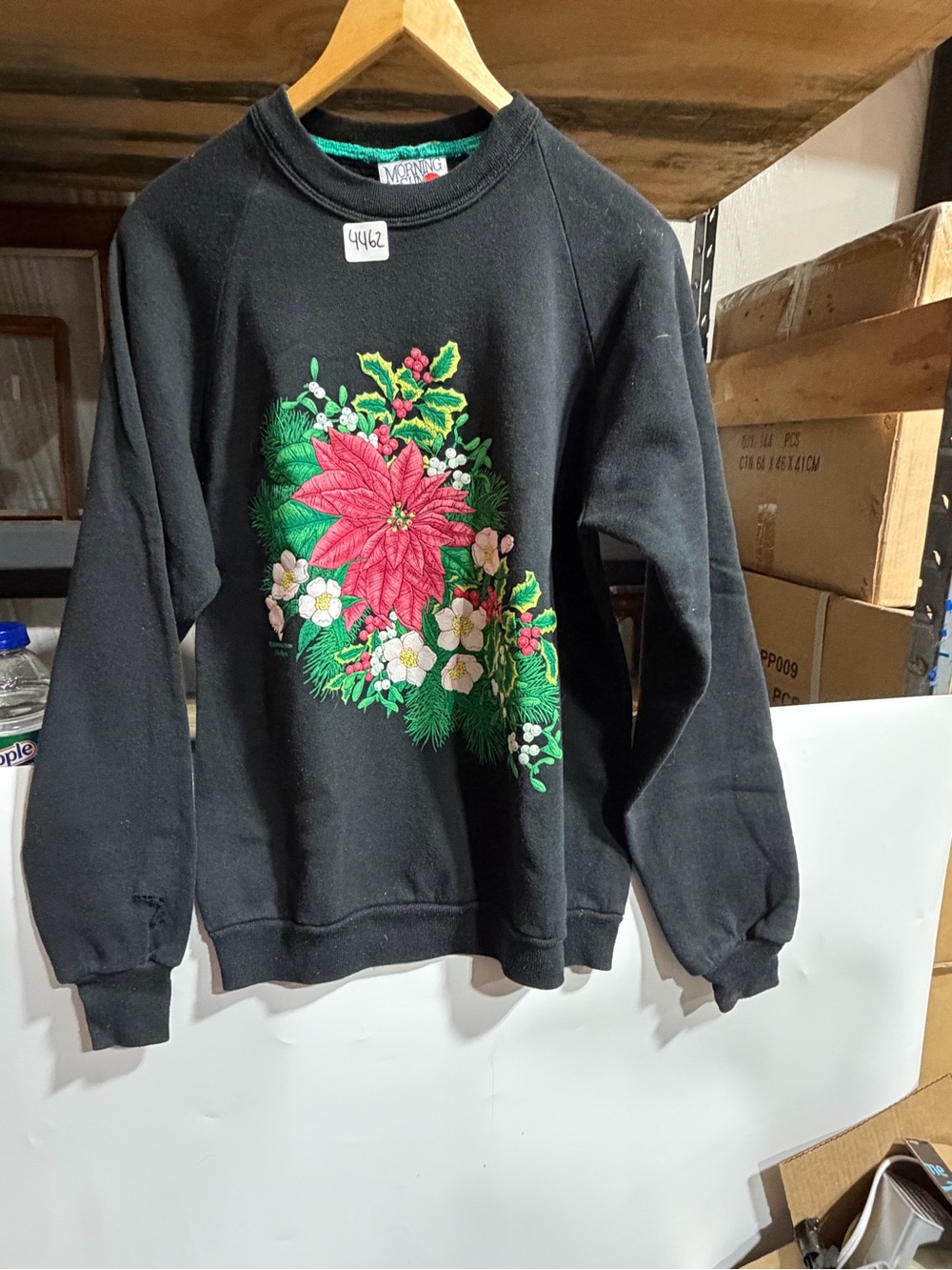 #4462-Black Crewneck Sweater with Festive Poinsettia Embroidery